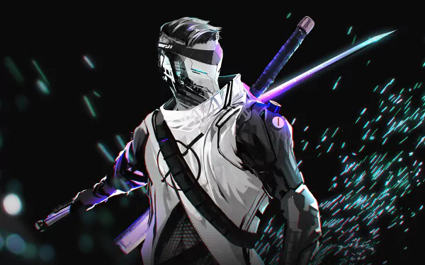 A futuristic sci-fi warrior in sleek armor, wielding a glowing sword, set against a dynamic digital backdrop, rendered in stunning 4K Ultra HD quality.
