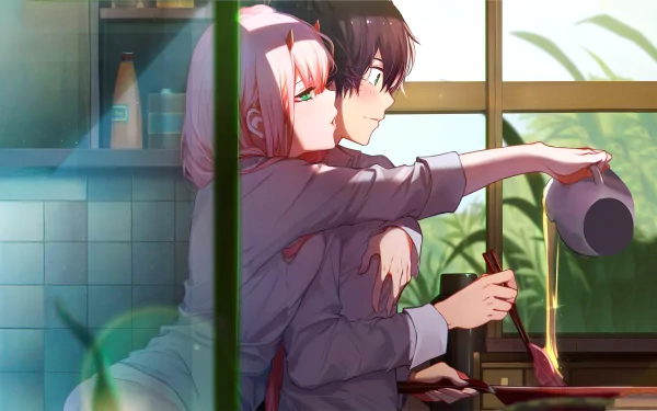 HD wallpaper of Zero Two with pink hair and green eyes, hugging Hiro from behind as he pours honey, from anime Darling in the FranXX.