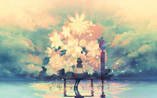 An original anime HD wallpaper of a short-haired girl in uniform sitting at a bus stop, surrounded by large flowers and soft reflections on water.