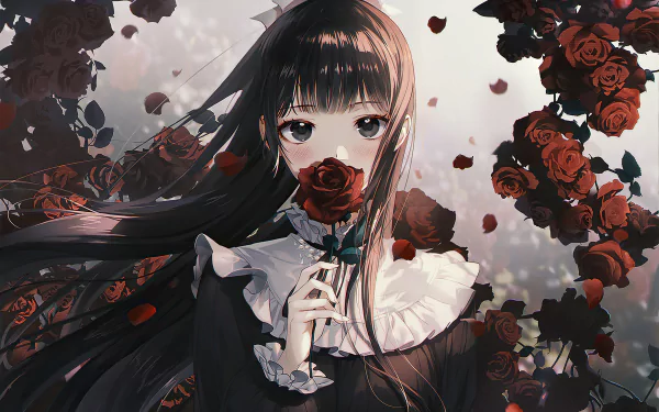 A gothic anime girl with long hair holds a rose close to her face, surrounded by floating red roses in a dark, detailed HD desktop wallpaper.
