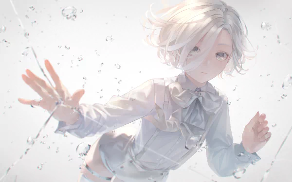 HD anime desktop wallpaper featuring an original character with short white hair in a white outfit, surrounded by water droplets against a light background.