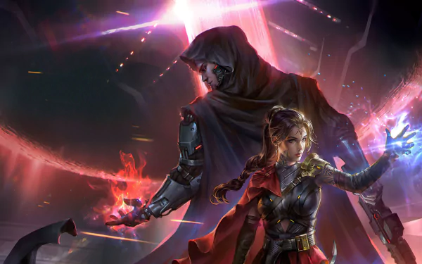 4K Ultra HD PC desktop wallpaper: brown-haired woman warrior in sci‑fi armor channels glowing energy beside a cloaked futuristic warrior amid neon rifts.