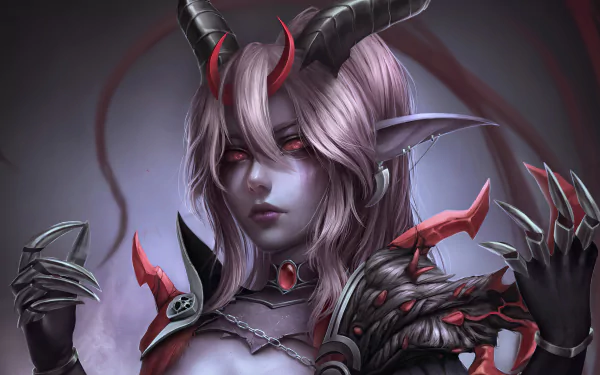 A 4K Ultra HD fantasy demon character with red eyes, pointed ears, blonde hair, and large black and red horns, featuring dark, intricate armor and clawed gauntlets.