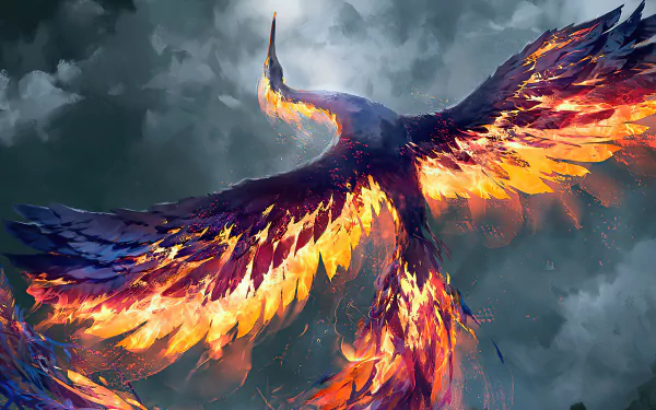 A fiery phoenix rises majestically against a stormy sky, rendered in stunning 4K Ultra HD for a vivid fantasy bird desktop wallpaper.