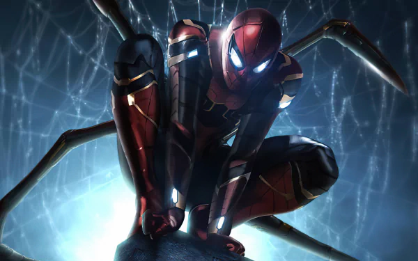 Peter Parker as Iron Spider in his advanced suit from Avengers: Infinity War, captured in a dynamic pose with glowing mechanical spider legs, in 4K Ultra HD resolution.