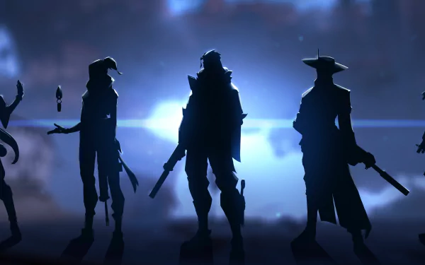 4K Ultra HD Valorant PC desktop wallpaper featuring silhouetted characters against a dramatic blue-lit background from the popular video game.