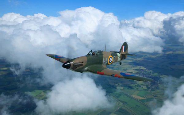 A Hawker Hurricane military warplane soars above clouds, captured in high-definition against a scenic aerial landscape.