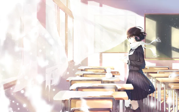 Anime girl stands in a snowy-lit classroom, captured in detailed 4K Ultra HD style, blending serene winter elements with a quiet school setting.
