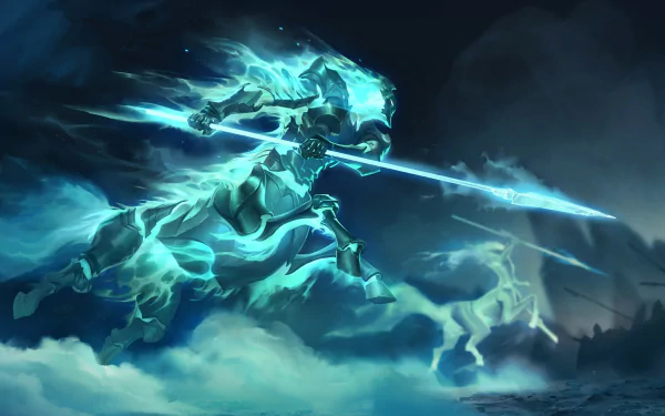 Spectral armored rider brandishing a glowing spear, charging through storm clouds — video game Legends of Runeterra HD PC desktop wallpaper/background.