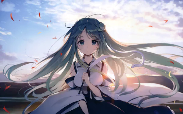 Sanae Kochiya (Touhou) anime 4K Ultra HD PC desktop wallpaper: long green hair flowing, hands clasped at her chest, warm sunset sky and drifting petals behind her.