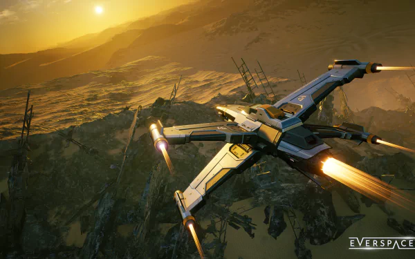 4K Ultra HD desktop wallpaper from the video game Everspace 2, depicting a sleek spaceship flying over a rugged, sunlit alien landscape at sunset.