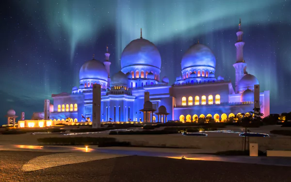 aurora borealis architecture mosque Abu Dhabi dome United Arab Emirates night religious Sheikh Zayed Grand Mosque HD Desktop Wallpaper | Background Image