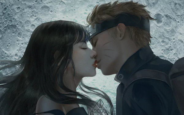 Anime characters Hinata Hyuga and Naruto Uzumaki share a kiss in this HD wallpaper. The background features a moonlit setting, enhancing the romantic atmosphere.