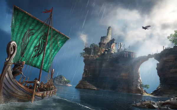 4K Ultra HD PC desktop wallpaper featuring a Viking longship with a green sail approaching a stormy coastal fortress from Assassin's Creed Valhalla.