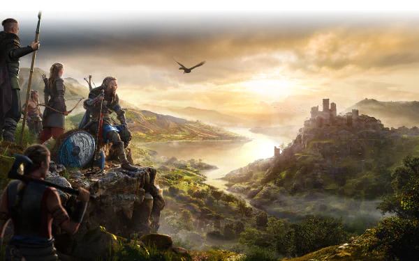 4K Ultra HD desktop wallpaper featuring a Viking landscape from Assassin's Creed Valhalla, showcasing warriors overlooking a vast, sunlit valley with a castle in the distance.