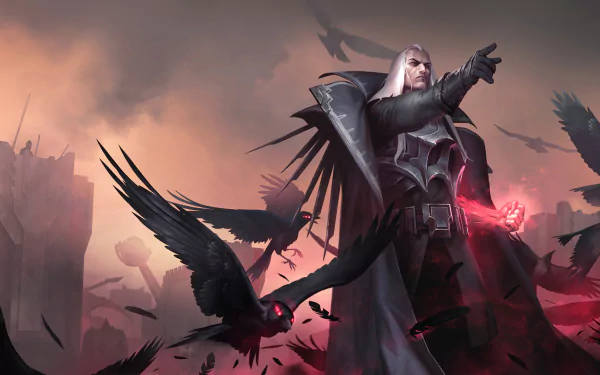 HD PC desktop wallpaper of Swain (League of Legends), video game character from Legends of Runeterra, commanding ravens as crimson magic swirls over a stormy battlefield.