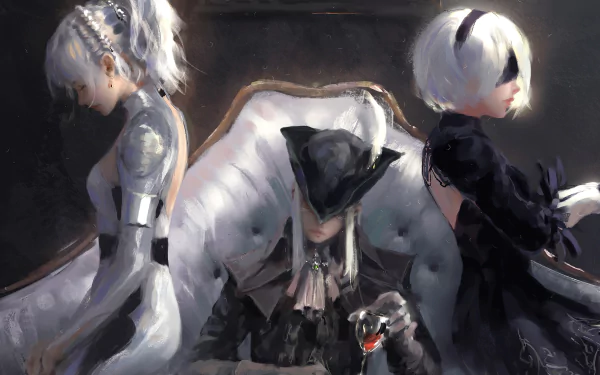4K Ultra HD PC wallpaper featuring Lady Maria from Bloodborne, Luna from Final Fantasy XV, and YoRHa No.2 Type B from NieR: Automata in a dynamic video game crossover.