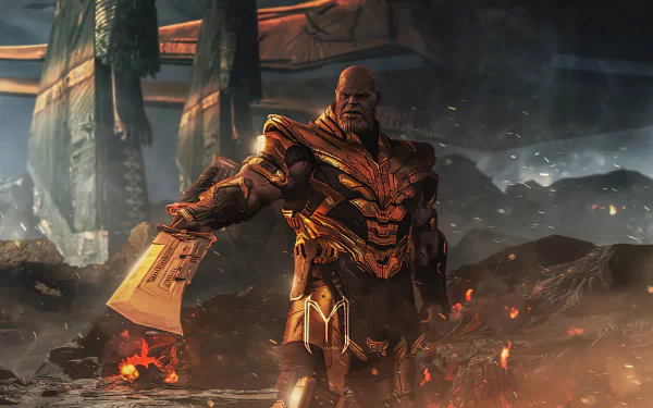 Thanos stands amid a fiery, ruined battlefield in a 4K Ultra HD Avengers EndGame movie wallpaper for PC desktops.
