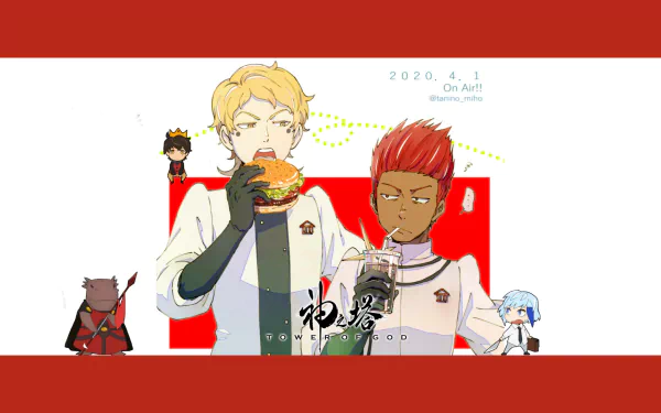 Colorful anime-themed HD wallpaper featuring characters from Tower of God, showcasing a dynamic interaction with food and playful expressions against a bold background.