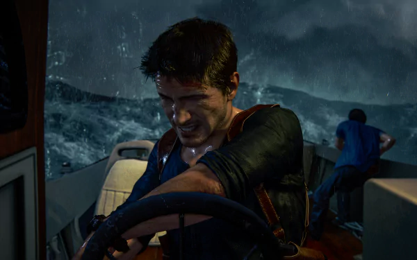4K PC wallpaper from Uncharted 4: A Thief's End — Nathan Drake grimly steers a boat through towering waves and a violent storm as a crewmate struggles at the stern.