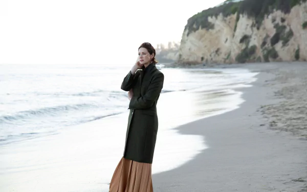 beach coat depth of field short hair black hair face Irish actress Celebrity Caitriona Balfe HD Desktop Wallpaper | Background Image