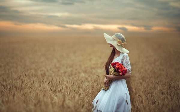 Women Mood Model Wheat White Dress Hat Redhead HD Wallpaper | Background Image