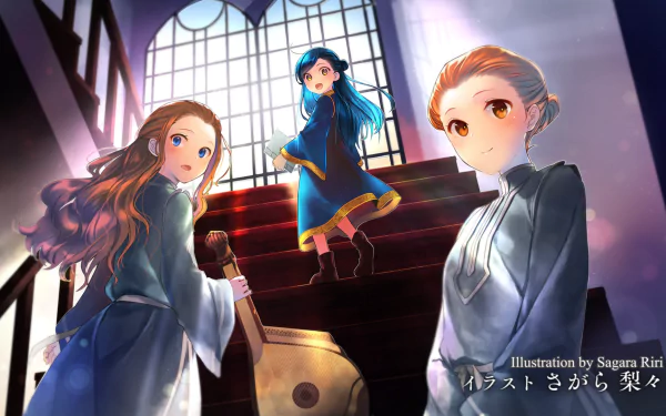 HD PC desktop wallpaper: Myne (Ascendance of a Bookworm) anime scene — three girls on a grand stairway beneath a sunlit arched window.