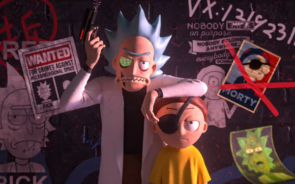 4K Ultra HD PC wallpaper of Rick Sanchez aiming a pistol beside Evil Morty (Morty Smith with eyepatch), gritty Rick and Morty TV show background collage.