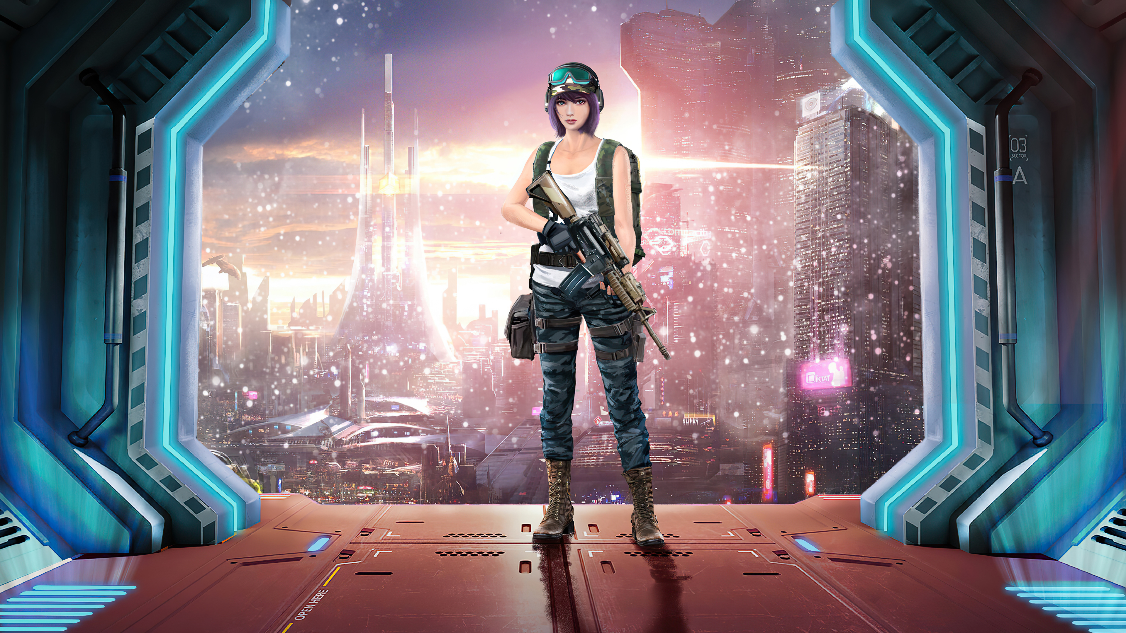 Warrior Girl in Cyberpunk City, HD wallpaper