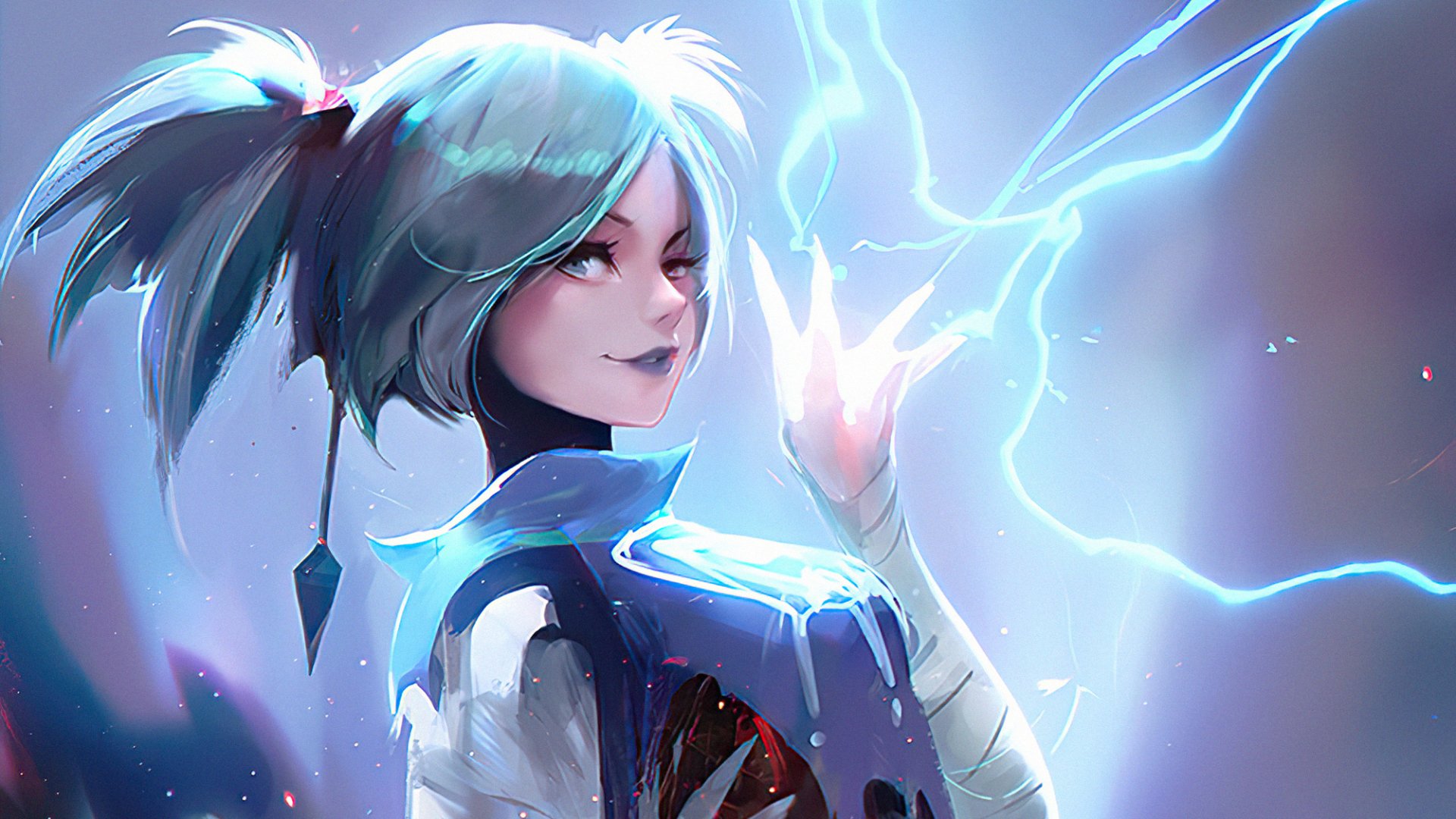 A sci-fi woman with glowing blue hair summons electric energy, set against a vibrant, high-definition PC desktop wallpaper background.
