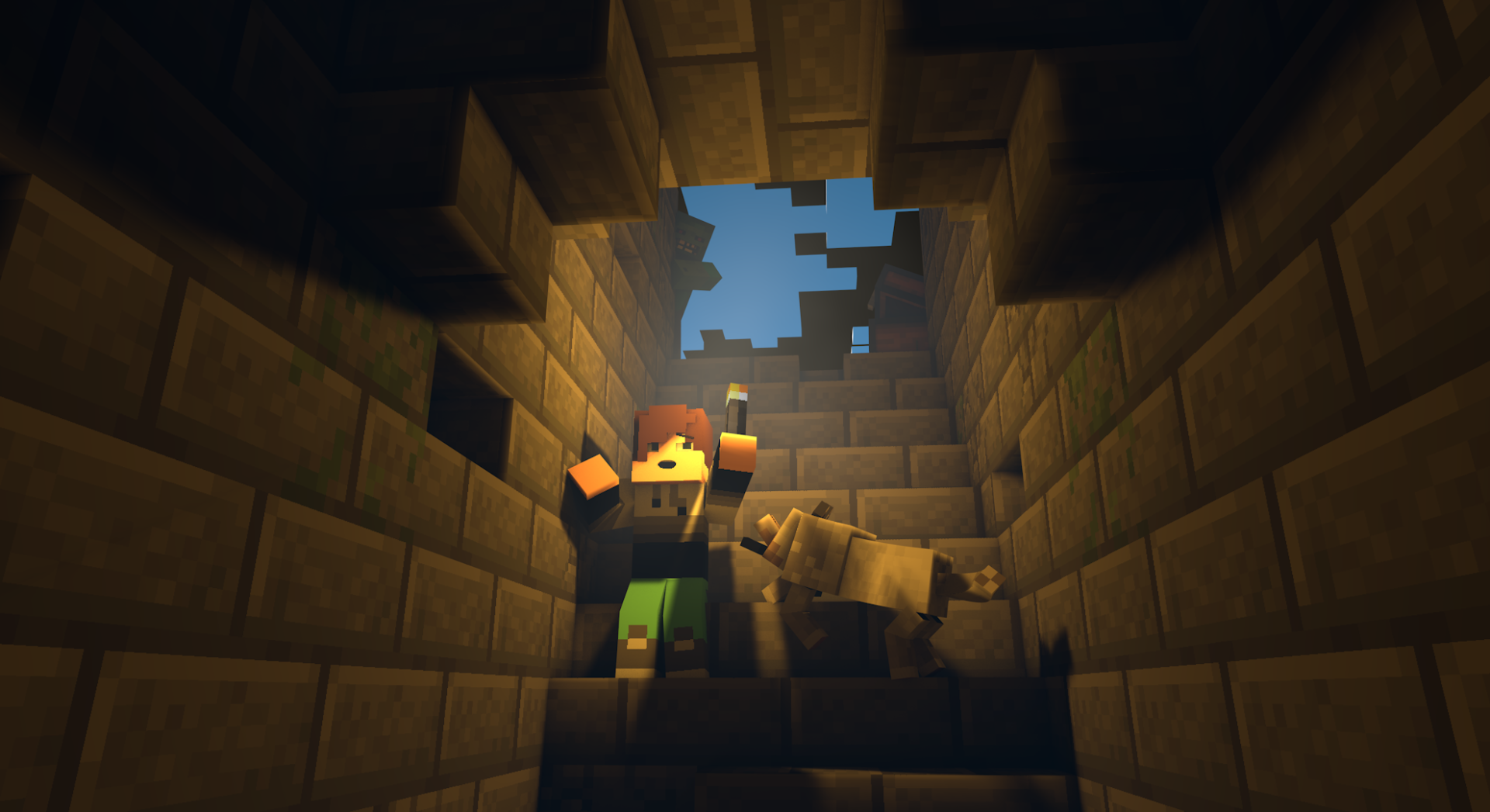 Minecraft scene showing a zombie and a dog inside a dimly lit cave at night, rendered as an HD PC desktop wallpaper and background.