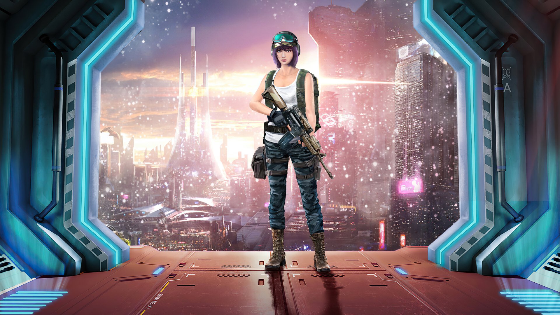 Download Skyscraper City Purple Hair Weapon Futuristic Woman Warrior ...