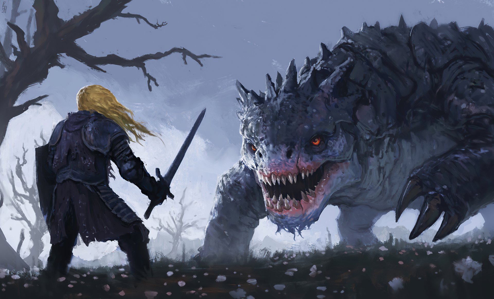 A blonde fantasy warrior wields a sword, facing a fierce, monstrous creature in a dark, eerie landscape, captured in stunning 4K Ultra HD detail.