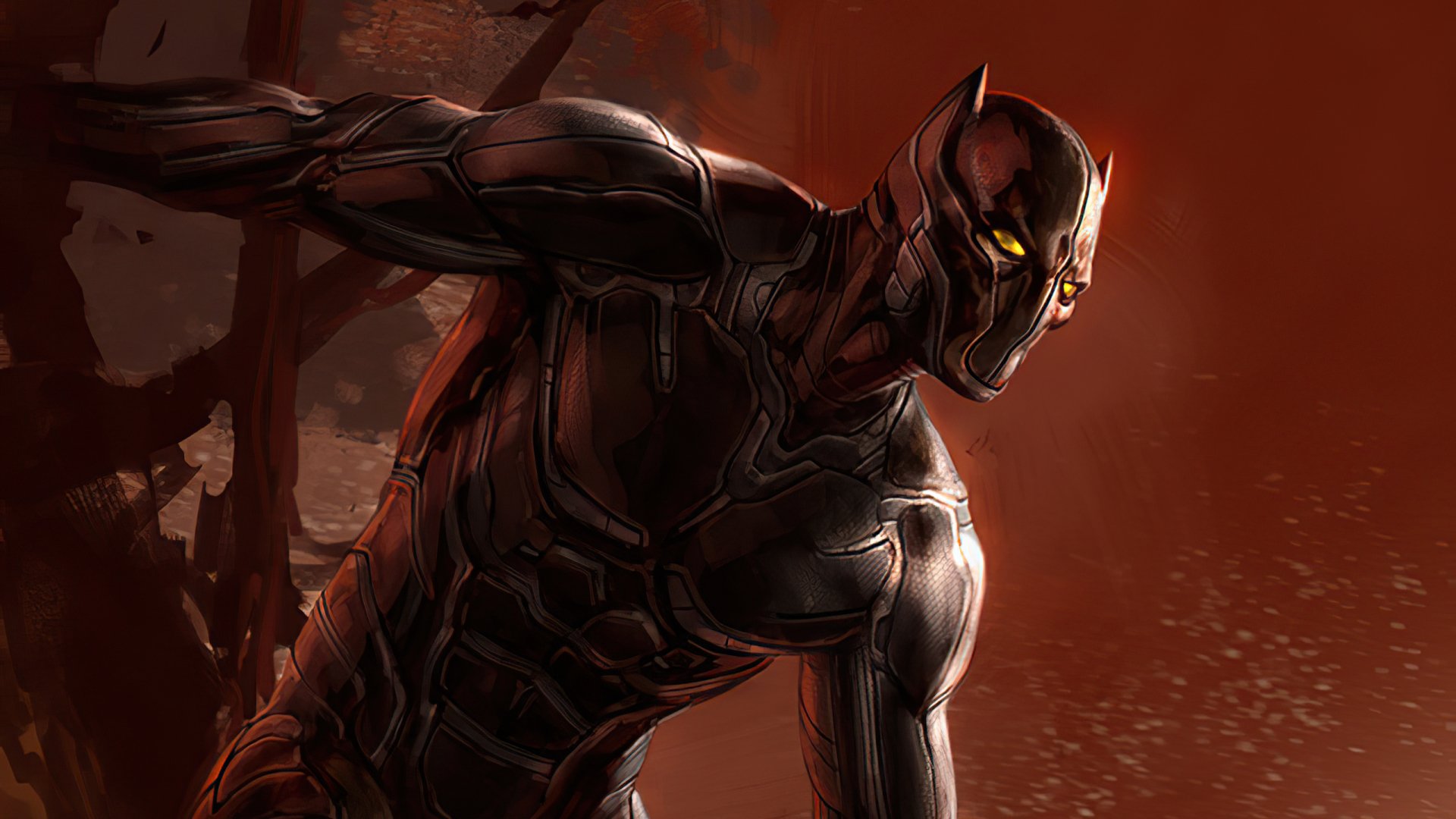 HD PC desktop wallpaper featuring Black Panther from Marvel Comics in a dynamic pose against a dark, red-toned background.