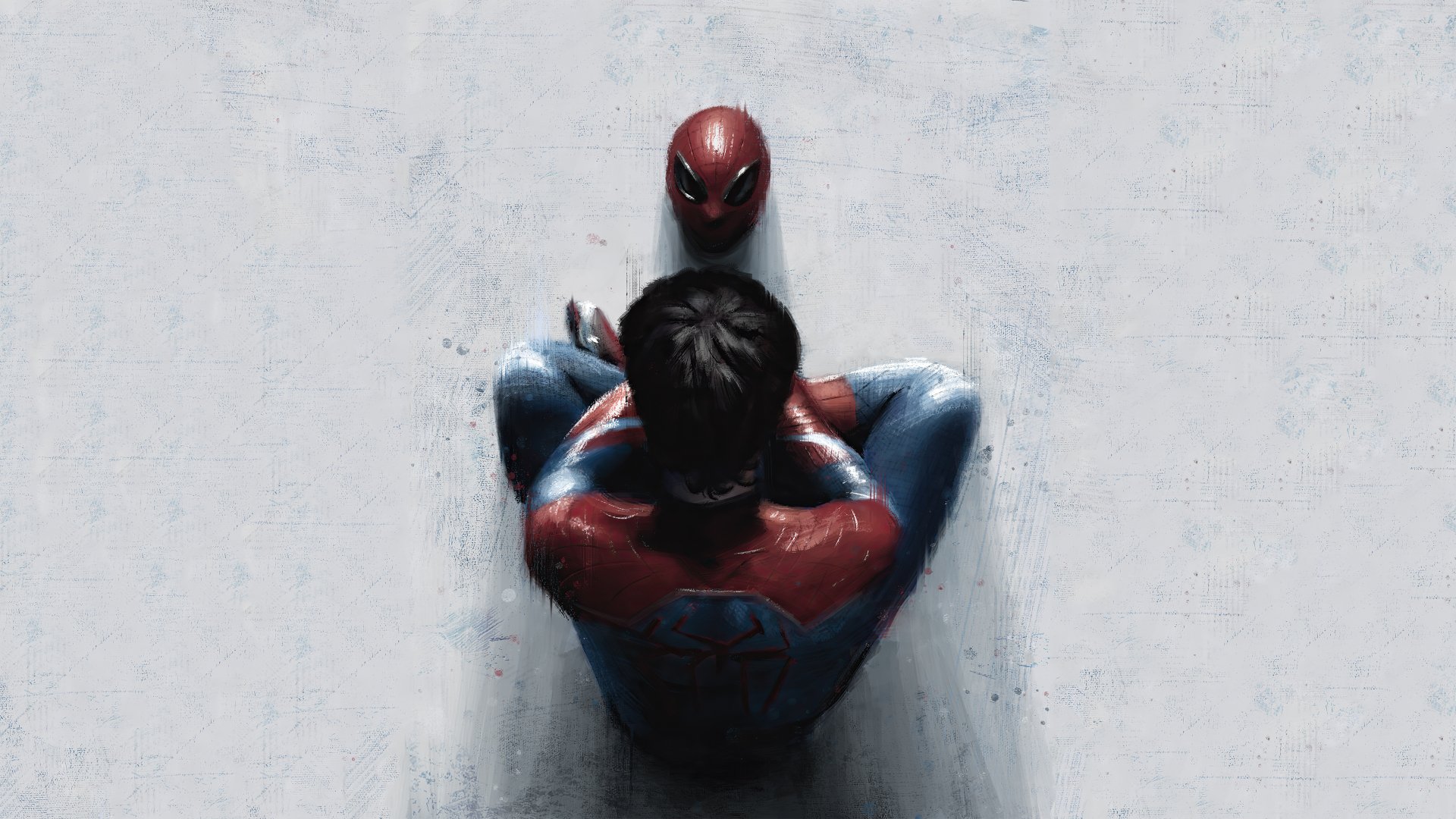 Comic Spider-Man in red-and-blue suit seen from above, seated and facing his mask on a pale wall — 4K Ultra HD PC desktop wallpaper and background.