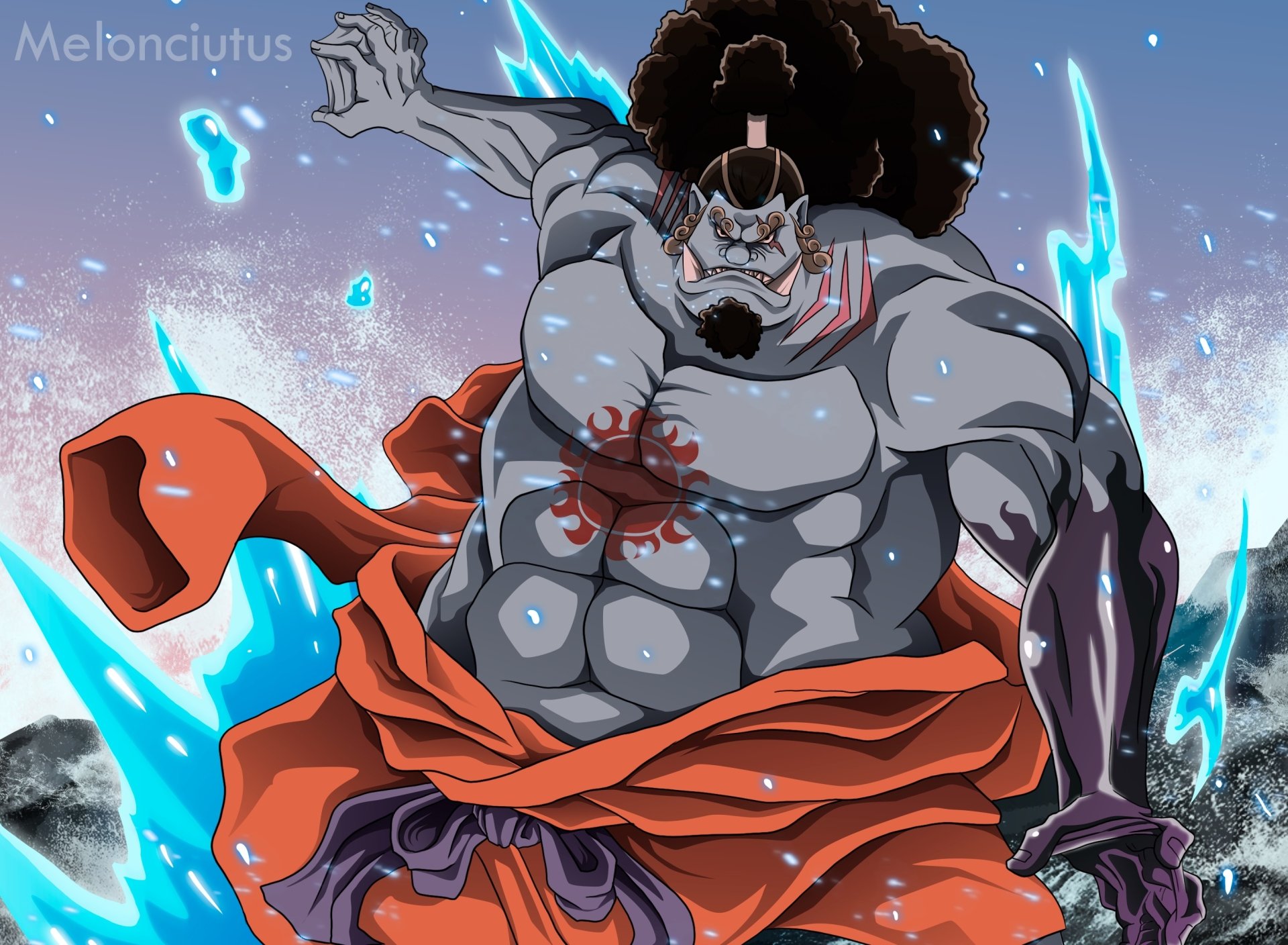 Jinbe (One Piece) in a powerful oceanic battle pose amid crashing waves and crackling blue energy — 2K Quad HD anime PC desktop wallpaper/background.