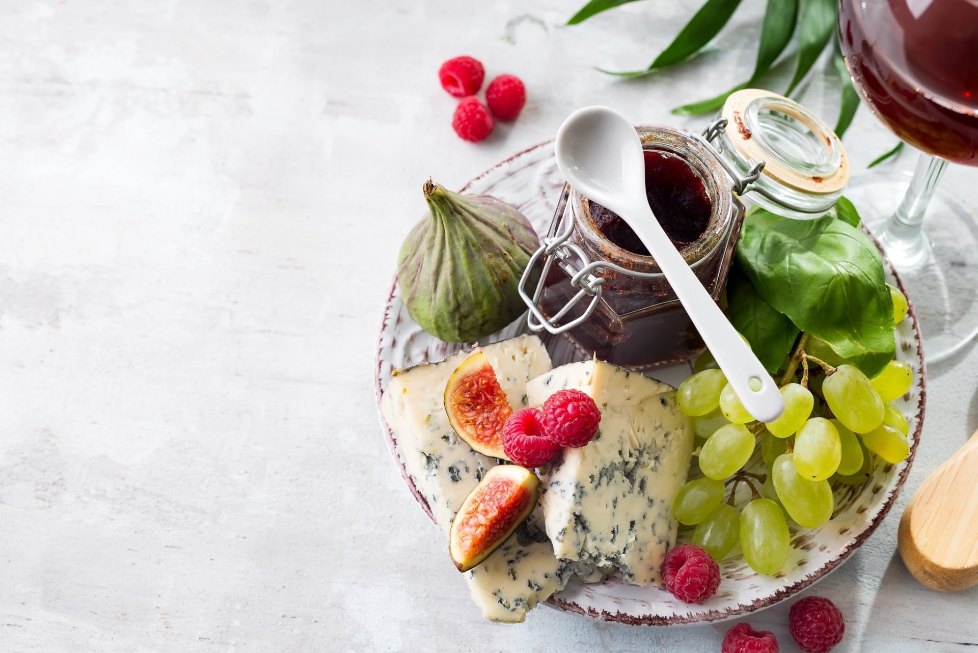 Download Fig Jam Grapes Cheese Raspberry Food Still Life HD Wallpaper