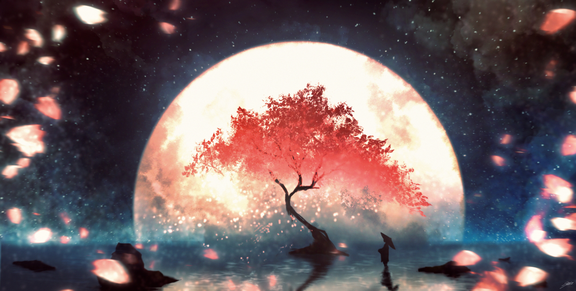 Anime-style HD desktop wallpaper depicting a sakura tree under a starry sky with a full moon in the background. The tree is positioned on an island in a reflective body of water.