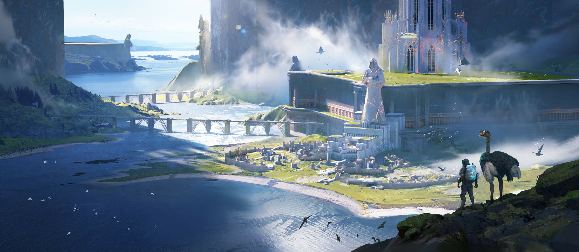 A stunning HD fantasy landscape featuring a colossal statue overlooking a vibrant city by the water, with bridges connecting various parts of the terrain under a misty sky.