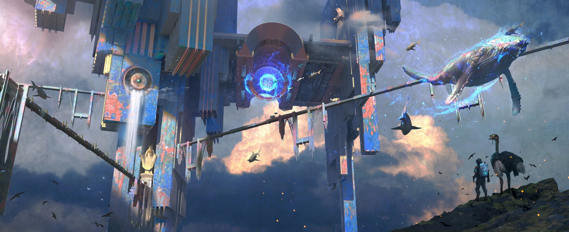 HD PC desktop wallpaper depicting a fantasy scene with a massive whale swimming near futuristic floating buildings under a cloudy sky.