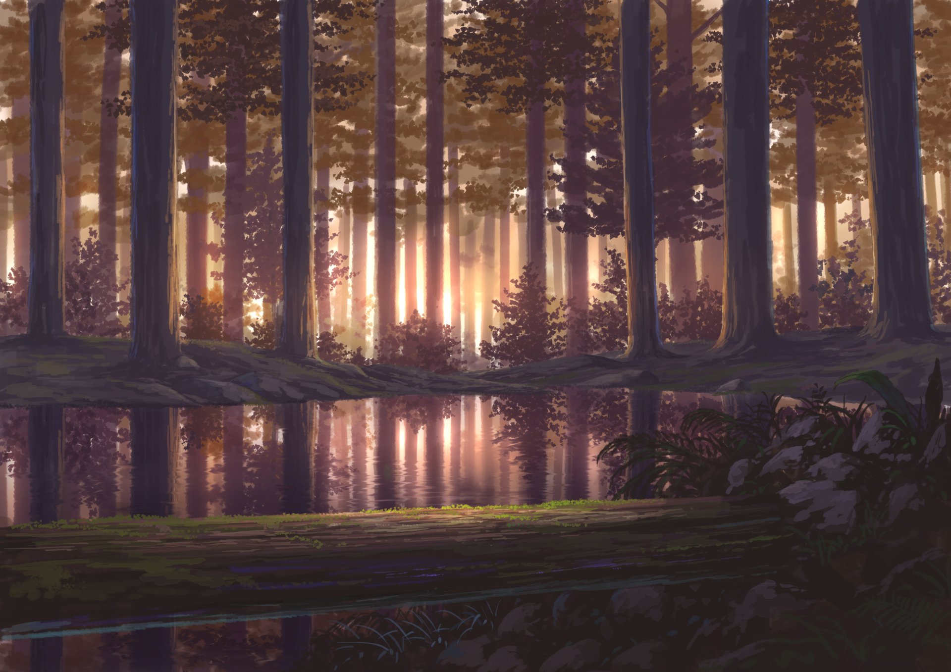 HD anime wallpaper of a serene lake surrounded by tall trees in a forest, with sunlight filtering through, creating a tranquil atmosphere.