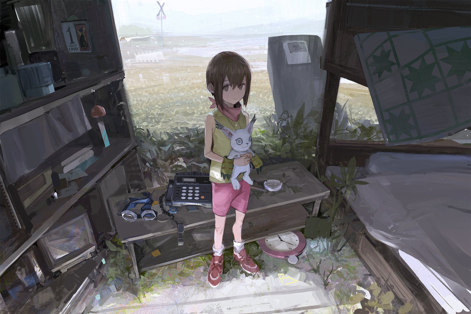 HD PC desktop wallpaper featuring a short-haired anime character from Digimon Adventure Tri, standing in a rustic, weathered setting with muted natural light.