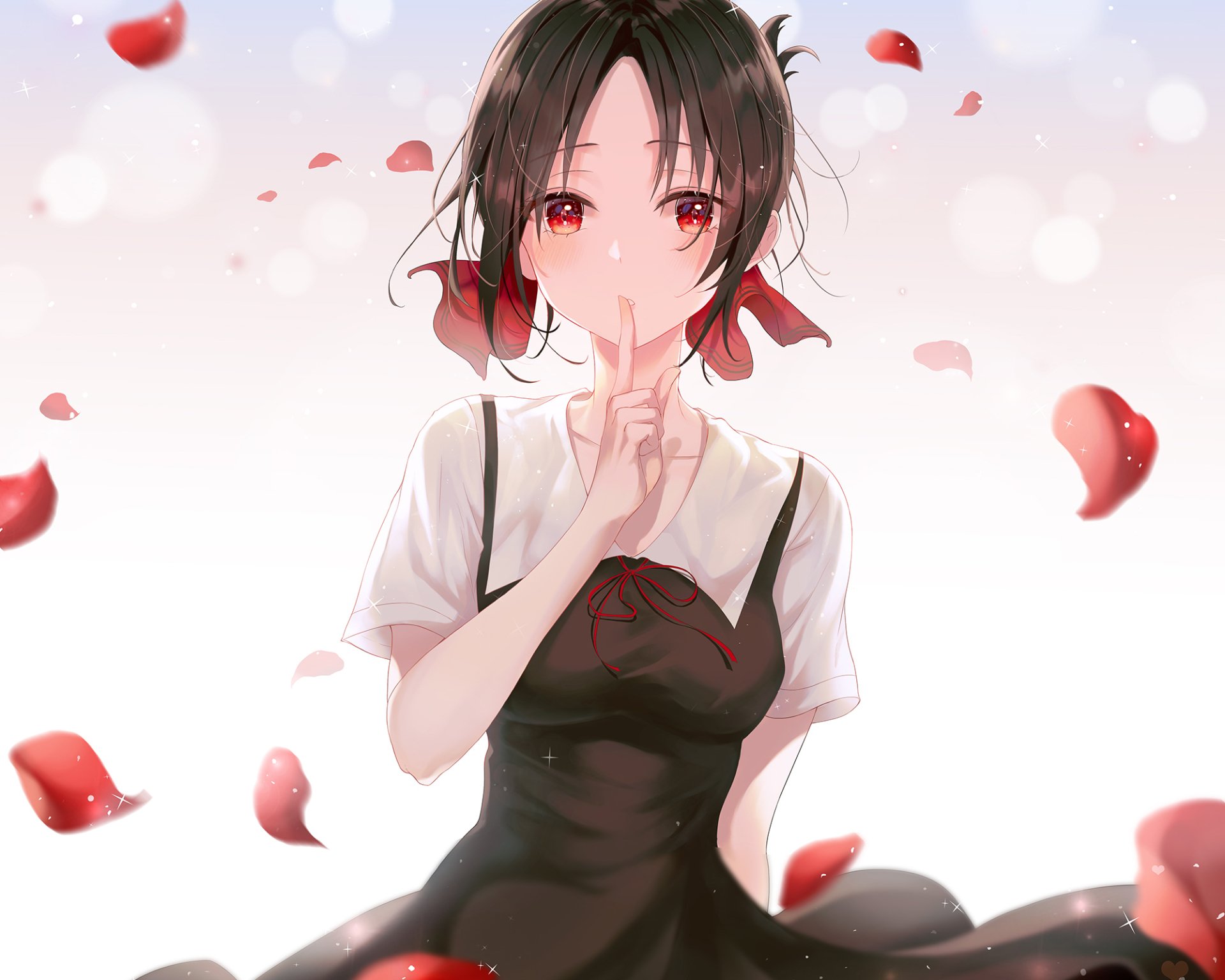 HD desktop wallpaper of Kaguya Shinomiya from Kaguya-sama: Love is War, featuring her with brown hair and red eyes, surrounded by falling rose petals.