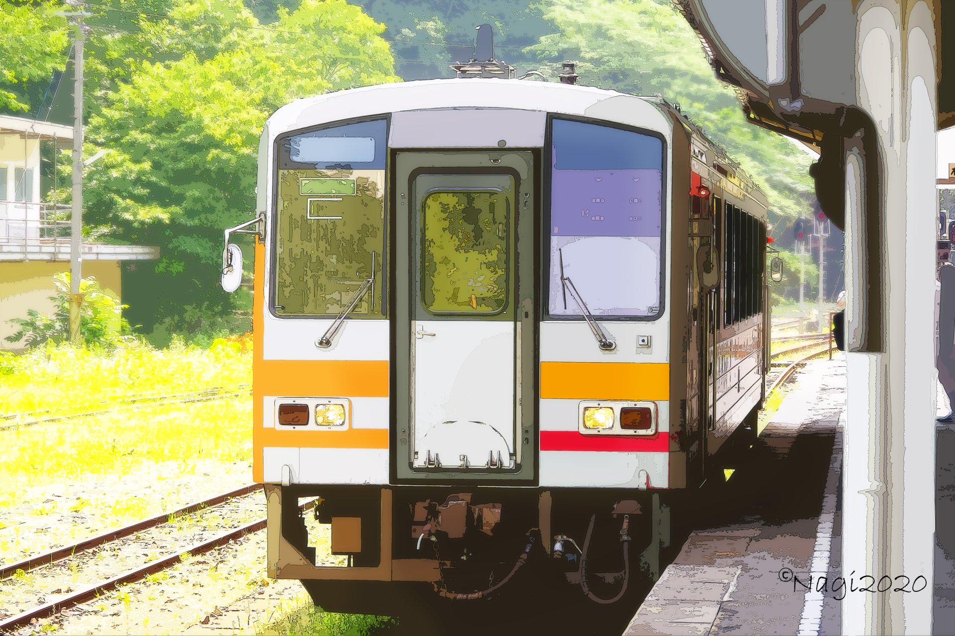 HD anime-style summer train scene at a station, featuring vibrant greenery and bright daylight as a desktop wallpaper and background.