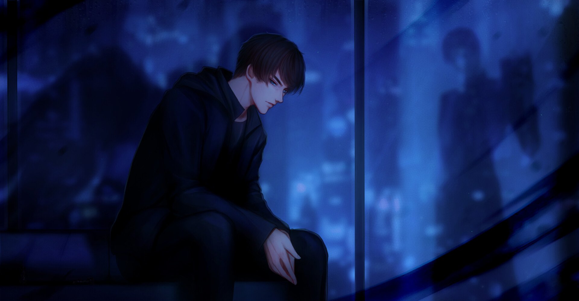 Anime boy in dark attire sitting pensively by a window with a blurred cityscape in the background, rendered as a high-definition PC desktop wallpaper.