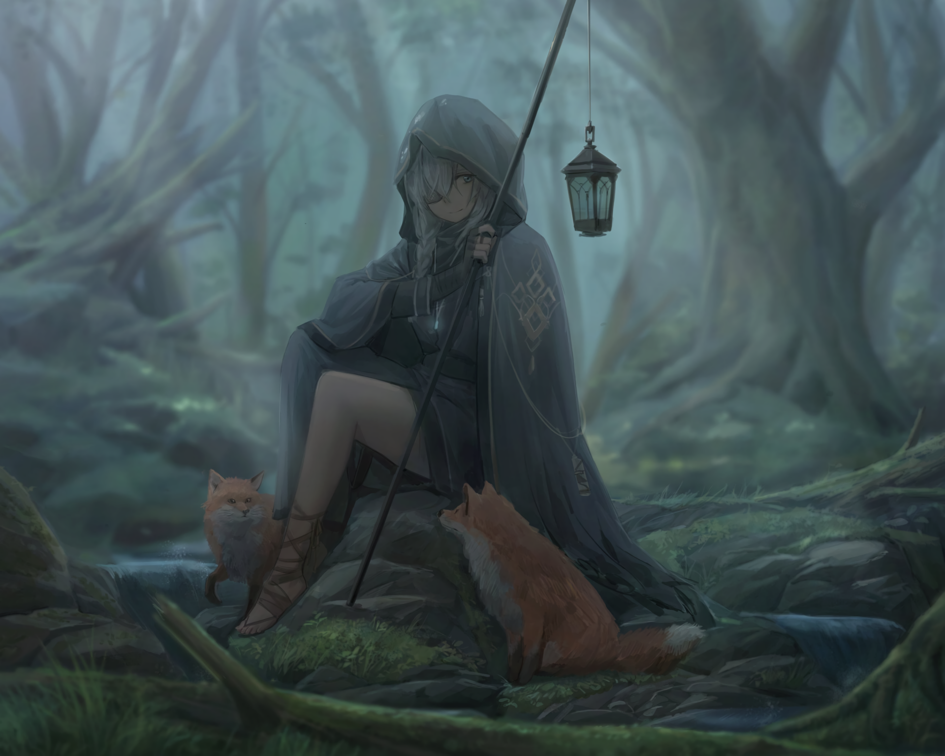 Anime-style image of a girl with a braid and hood, holding a lantern in a misty forest, sitting next to a fox. Suitable as HD desktop wallpaper.