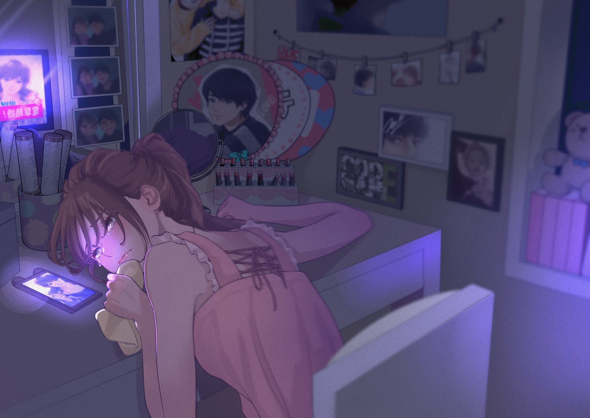 A sad anime girl with tears in her eyes, resting on a desk in a dimly lit room filled with posters and soft purple lighting. 4K Ultra HD PC desktop wallpaper.