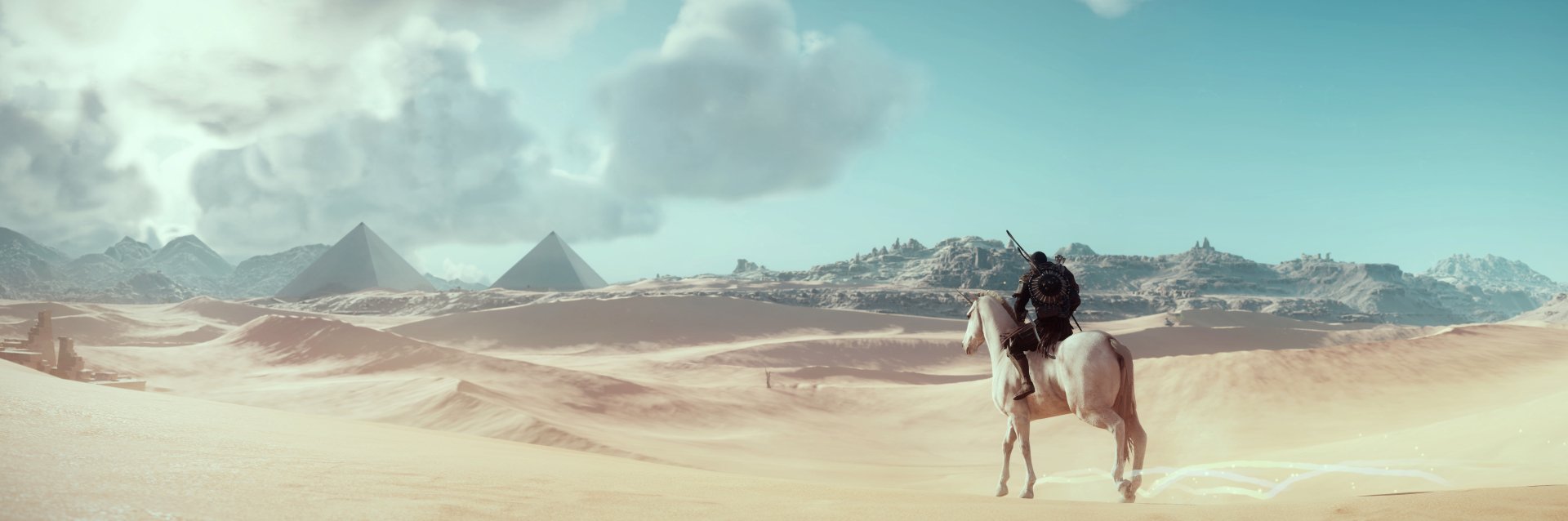 4K Ultra HD Assassin's Creed Origins wallpaper showing a lone figure on horseback overlooking desert sands with pyramids in the distance, from the video game series.