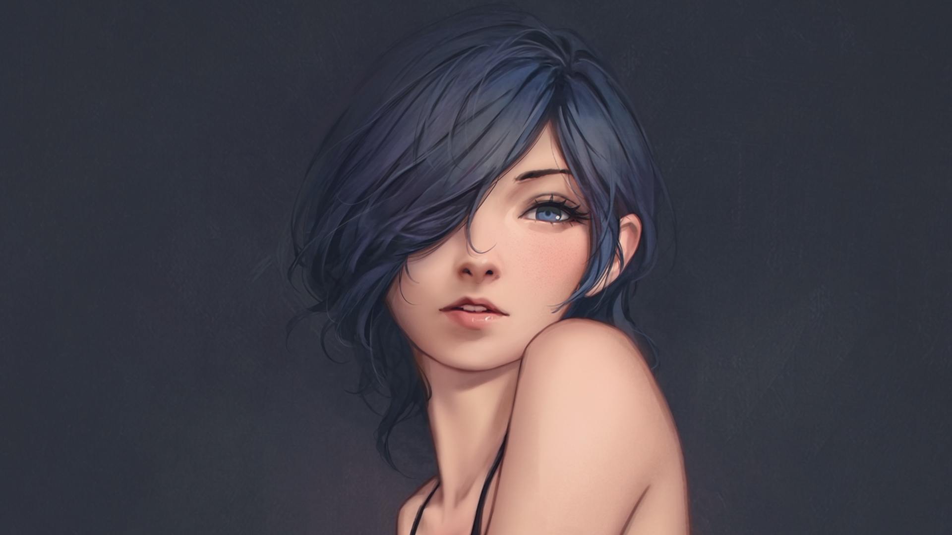 HD desktop wallpaper featuring Touka Kirishima from the anime Tokyo Ghoul. The image showcases her with short, dark hair and a serious expression against a dark background.