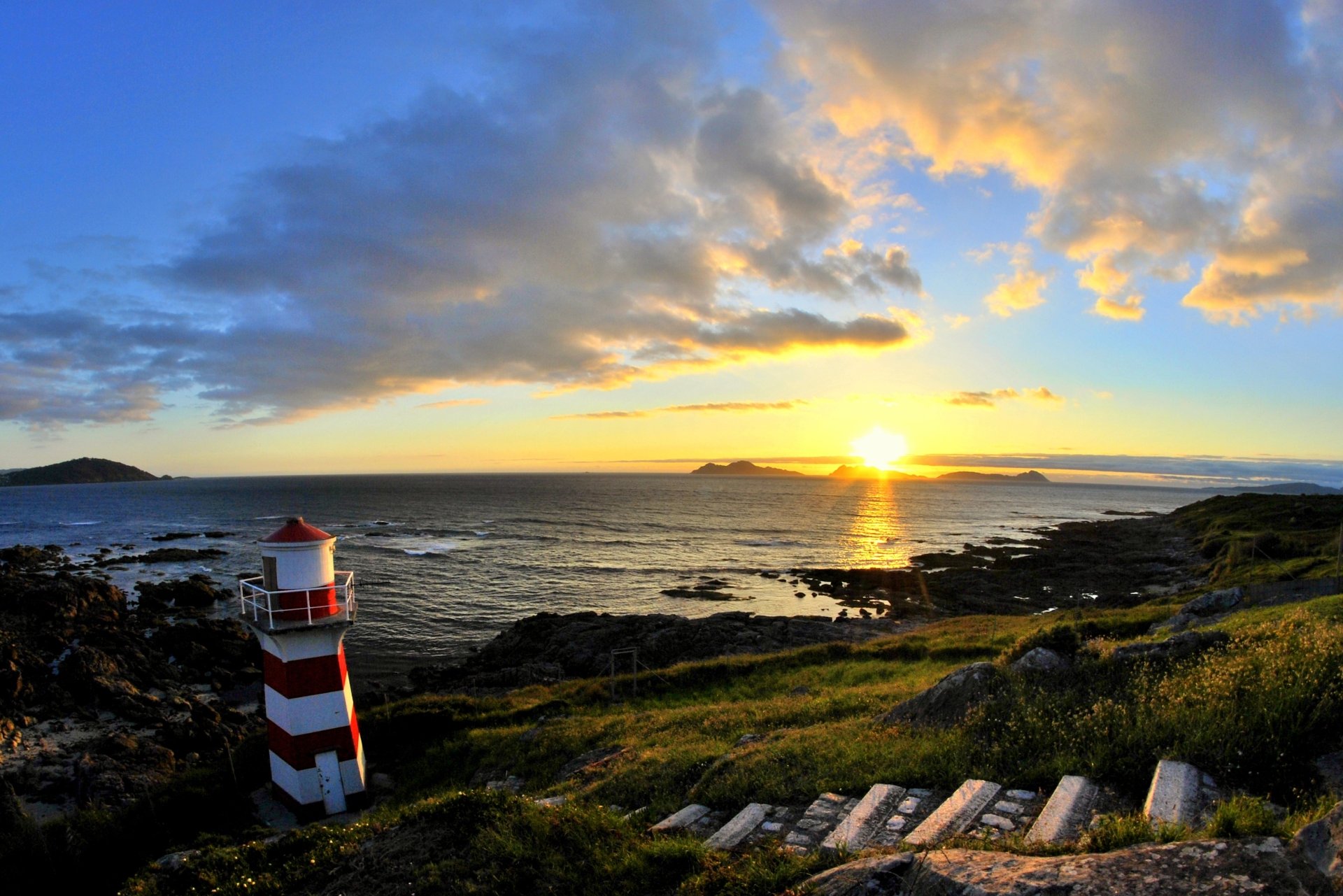 Download Galicia Spain Coast Sunset Sea Man Made Lighthouse HD Wallpaper